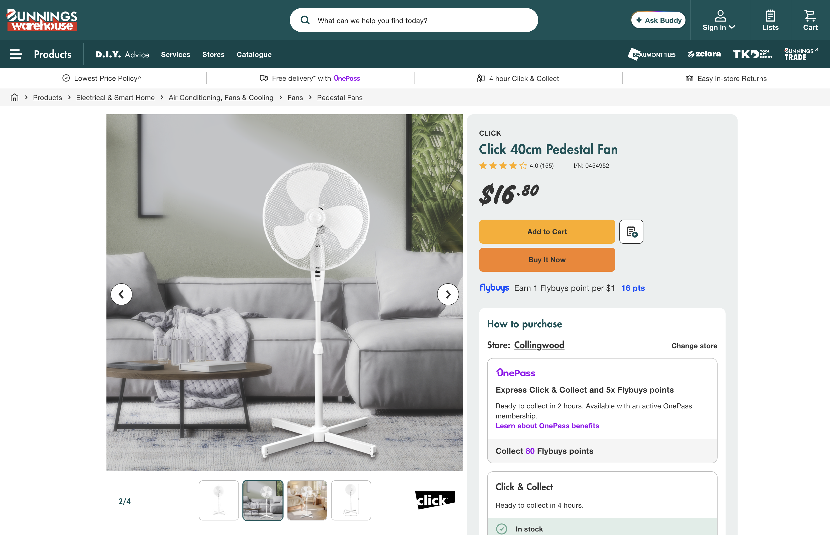 Bunnings listing for the $16.80 Click pedestal fan